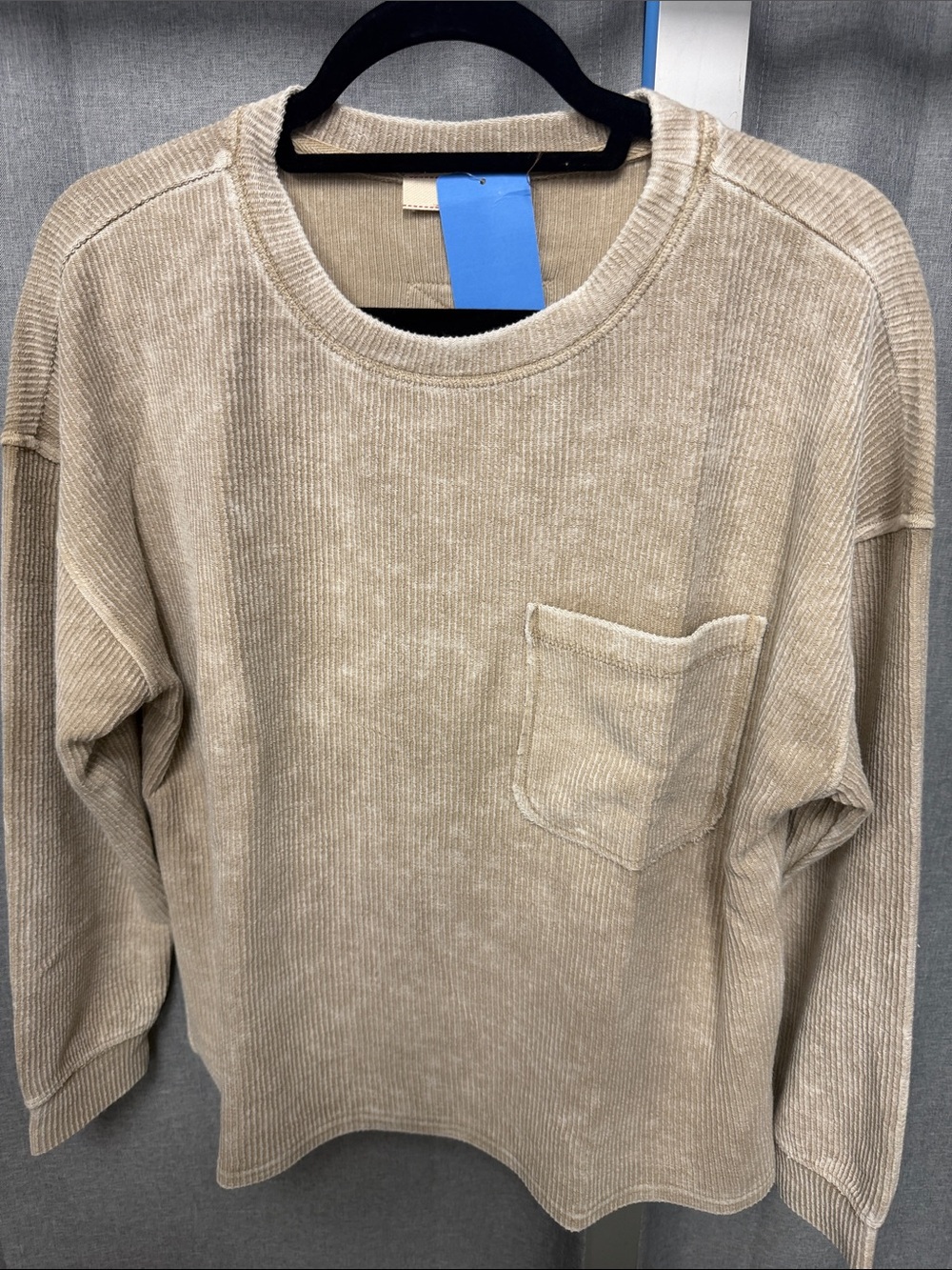 J.O.A. Beige Ribbed Pocket Long-Sleeve Top